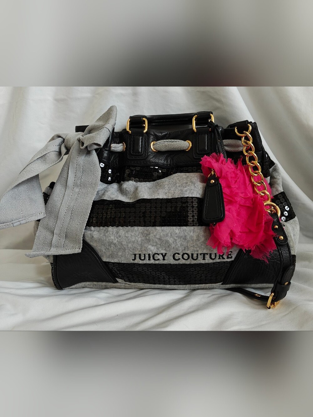 Vintage Juicy Couture Black & Grey Velour, Leather & Sequin Daydreamer Handbag - Picture 2 of 14